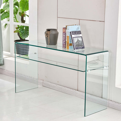 Glass Console Table, Transparent Tempered  Glass Console Table With Rounded Edges Desks, Sofa Table