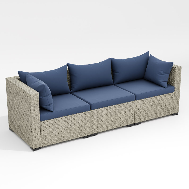 Ensemble de canapé de patio 3 pièces en osier avec coussins, Marine
