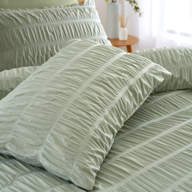Seersucker Duvet Cover Set with Pillowcases, Double Duvet Cover + 2 Standard Pillowcases, Sage