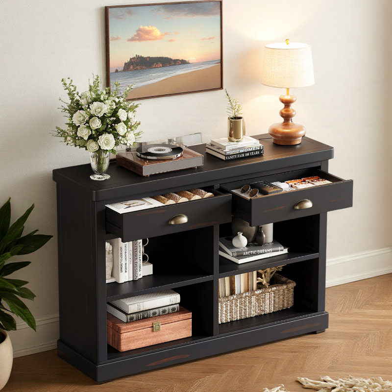 Console Farmhouse avec 2 tiroirs et 4 tablettes ouvertes, Espresso, Espresso, Espresso