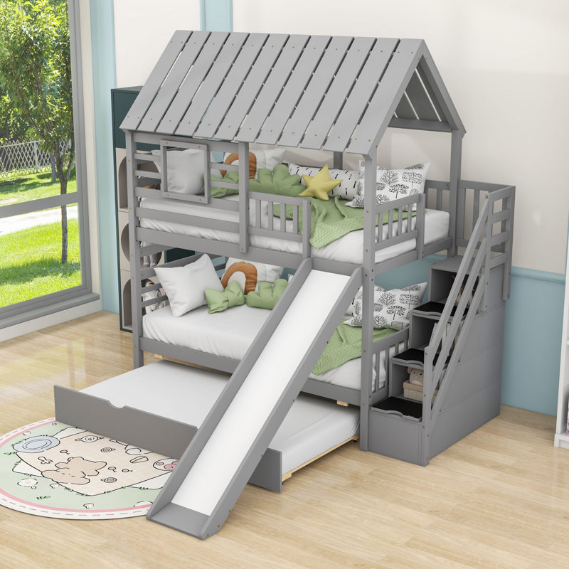 Twin Over Twin House-Shaped Bunk Bed With Twin Trundle, Storage Stairs And Slide, Gray