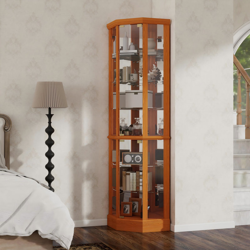 6 Shelf Corner Curio Cabinet with Lighted System Adjustable Tempered Glass Shelves and Mirror Back(E26 light bulb not included)