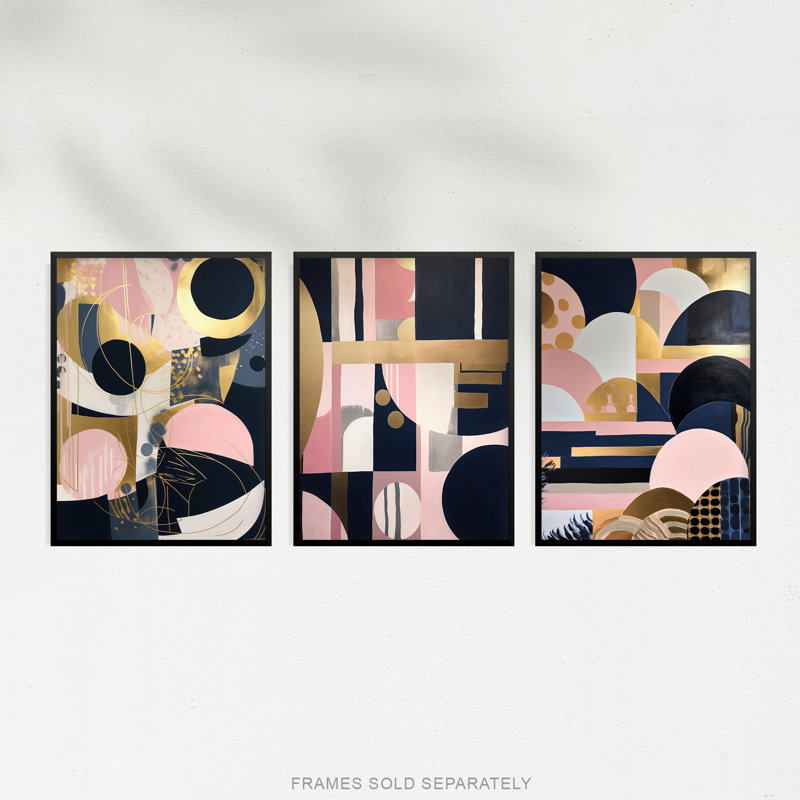 Abstract Boho Art Deco Gold Pink Navy Blue Geometric Shapes - 3 Piece No Frame Print Set, 40.5cm H x 30.5cm W x 0.3cm D