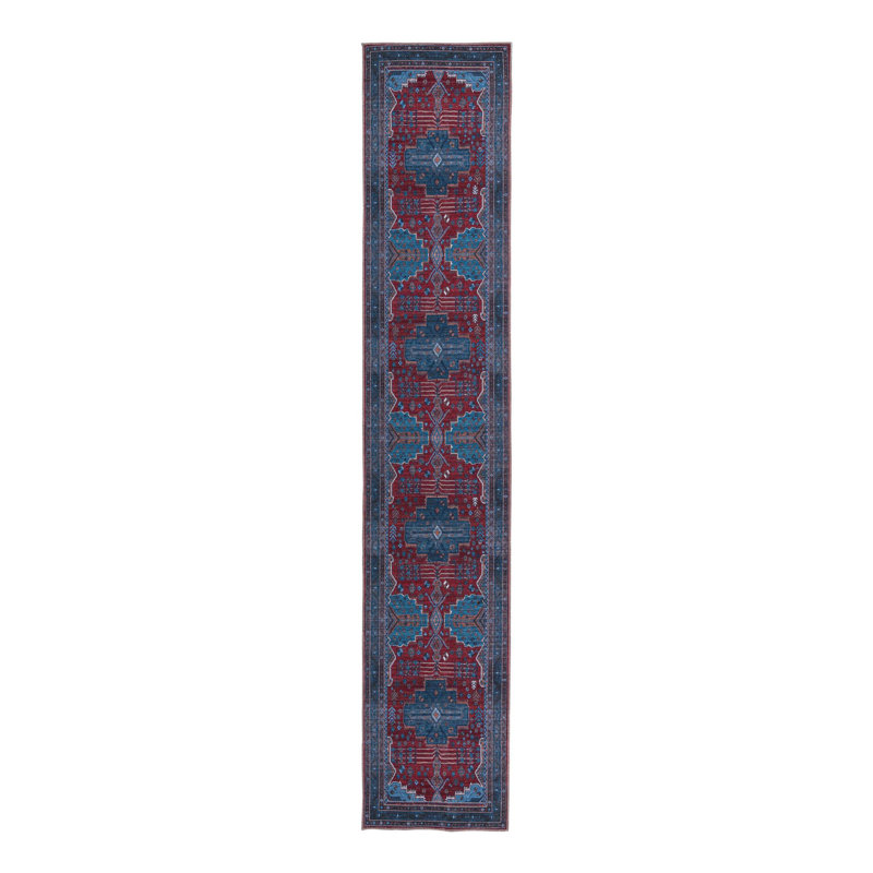 Tapis oriental rouge / bleu Guthridge, Tapis de couloir 2 pi 7 po x 13 pi