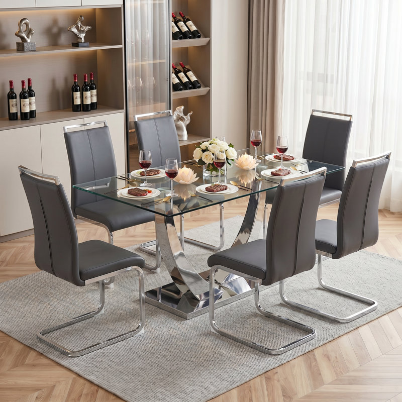 Modern 63" Rectangular Tempered Glass Dining Set with Faux Leather Cantilever Chairs, Gray, 7 Pieces: Table, 6 Chairs