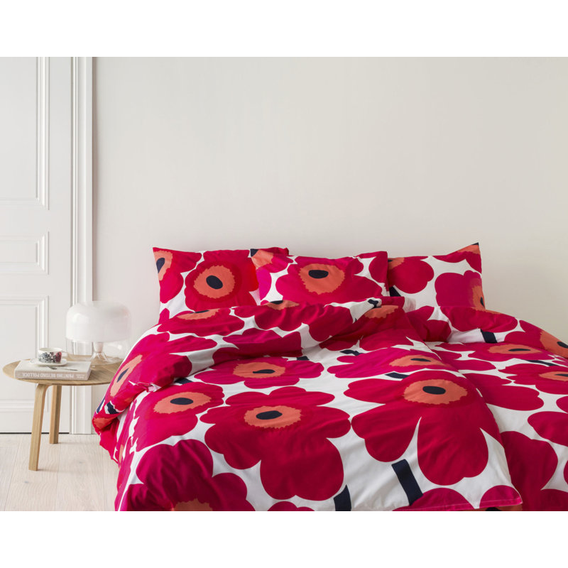 Ensemble d'édredon en coton Marimekko Unikko, Rouge, Édredon double / grand + 2 taies décoratives sta