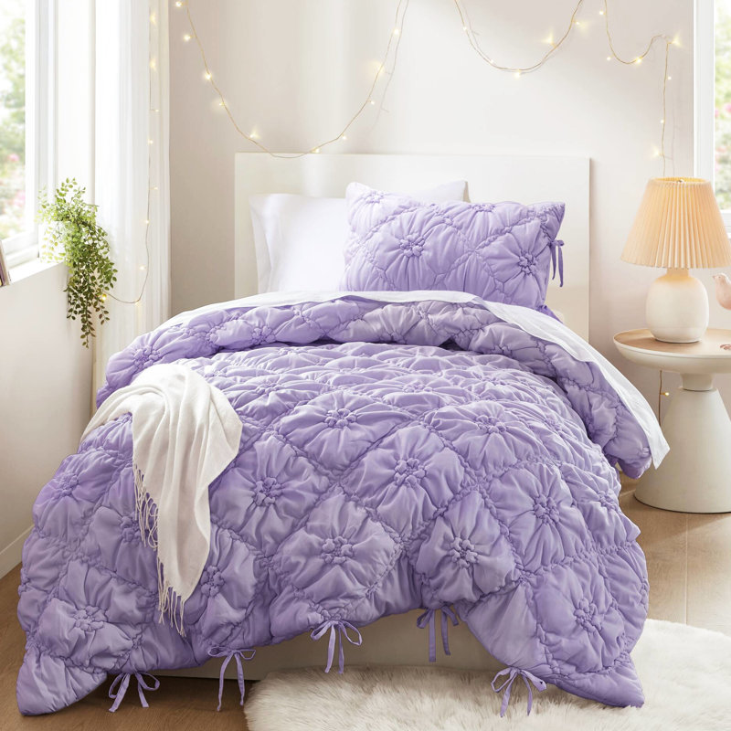 Simple édredon floral mauve avec broderie décontractée et ruché élastique, microfibre douce, chaleur légère pour chaque saison, 2 jeunes filles idéales en floral, avec jolie courtepointe, broderie,