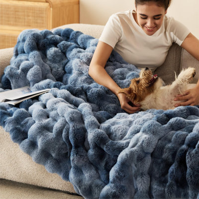 Bedsure Fluffy Faux Fur Throw Blanket – Soft Bubble Blanket for Sofa & Dorm Room – Captain's Blue – Gift for Teen Girls