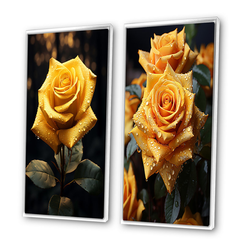 «Yellow Black Rose Elegance» - 2 pièces, H 32 po x l 32 po, Cadre blanc