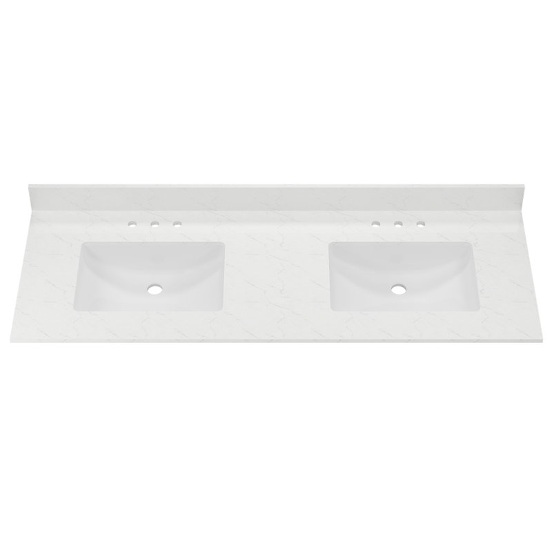 61" White Engineered Stone Double Vanity Top with Ceramic Sinks