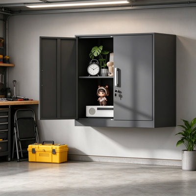 Armoire murale de garage en métal noir verrouillable, armoire de rangement suspendue flottante en acier avec portes et étagères réglables, armoire à outils murale verrouillable pour atelier de garage