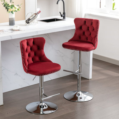 Tabourets de bar en velours avec hauteur réglable, base, pour le confort, rouge vin / bourgogne, îlot de cuisine et siège à la maison d'une hauteur de 25 à 33 pouces, soutien du dos, utilisation dans un pub