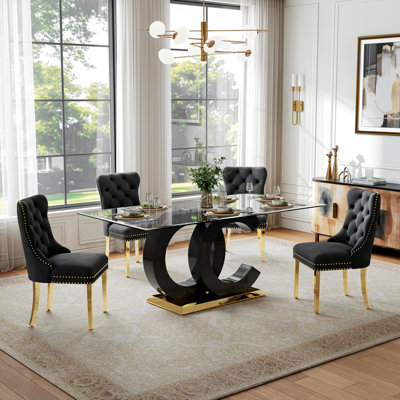 5-Piece Glass Dining Table Set, 70" Rectangular Tempered Glass Table with OC-Shaped Base and 4 Tufted Velvet Dining Chairs, Elegant Modern Style