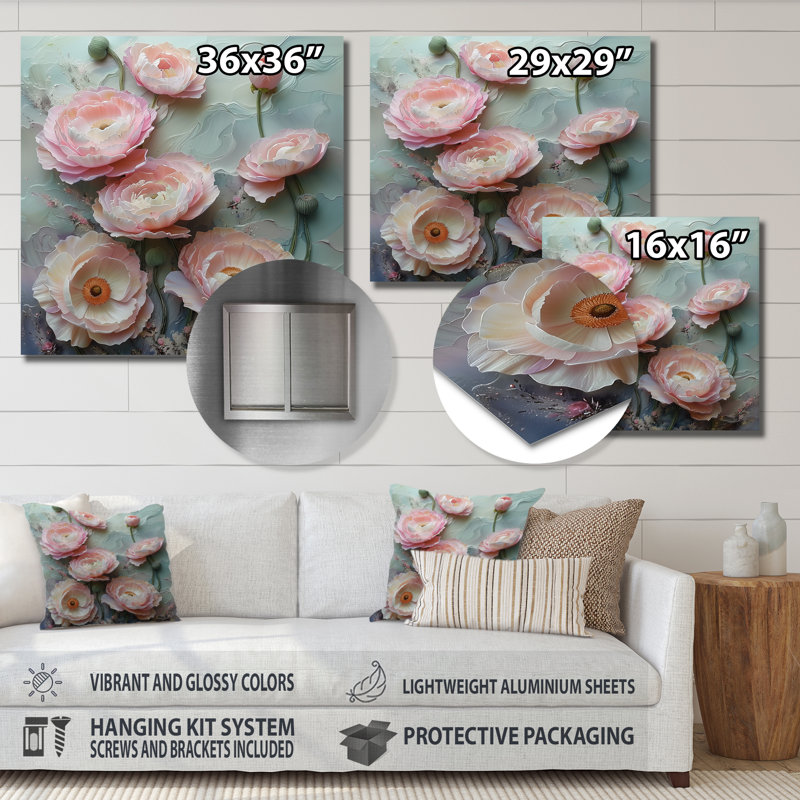 Rose, gris, printemps, réveil, Renoncule II - Renoncule, art mural, salon, H 16 po x l 16 po, Métal métal
