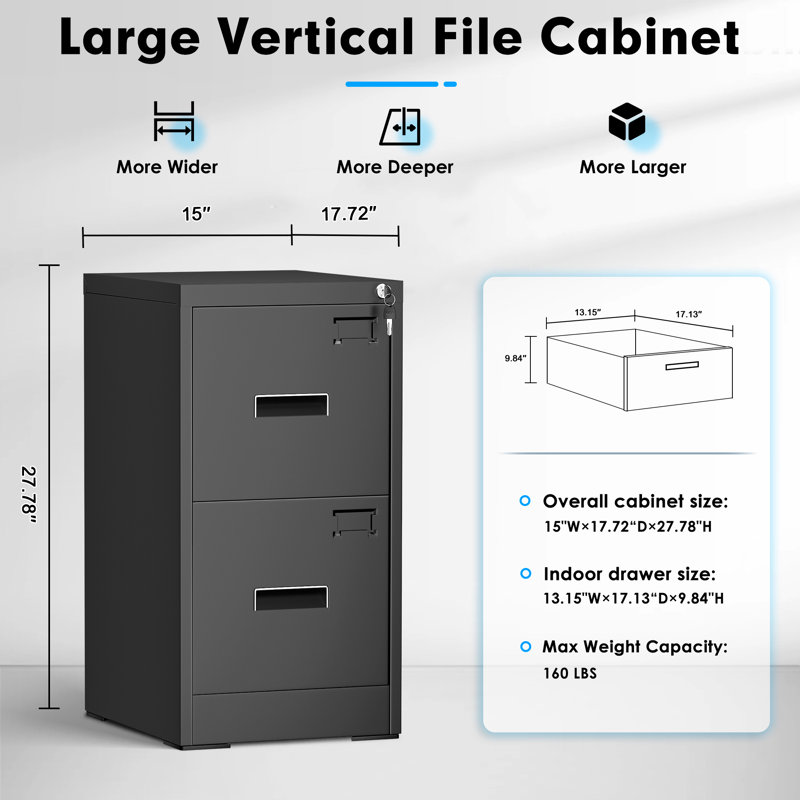 15'' Wide 2 Drawer Metal Vertical Storage File Cabinet with Lock, Black