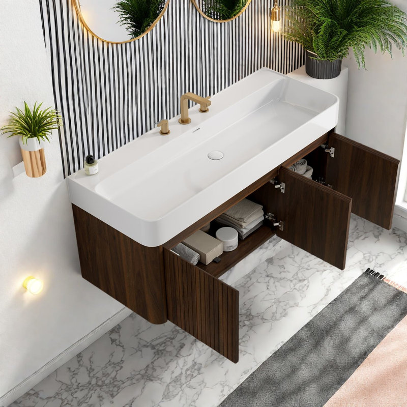 Meubles-lavabos modernes (incluant le meuble et le lavabo) 48 pouces en noyer, suspendus, 47.24