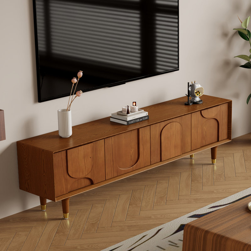 71'' Mid-Century Modern Carved Brown Four Legged TV Cabinet with Four Cabinets, Wood Entertainment Center, Real Wood Finish, Fully Assembled