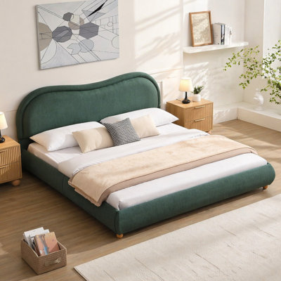 Base de lit tapissier moderne très grand avec tête de lit arrondie à coins arrondis, lattes en bois, pieds en bois de chêne massif, tissu chenille, aucun sommier requis, beige