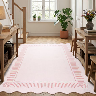 Pink Scalloped Edge Border Washable Non-Slip Area Rug for Living Room, Bedroom or Office