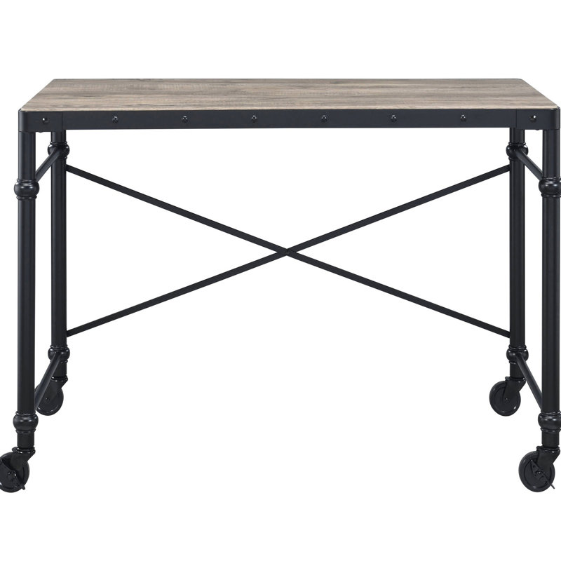 Bureau d'écriture rectangulaire à roulettes, design industriel pour projet mobile en chêne rustique et finition noire élégante