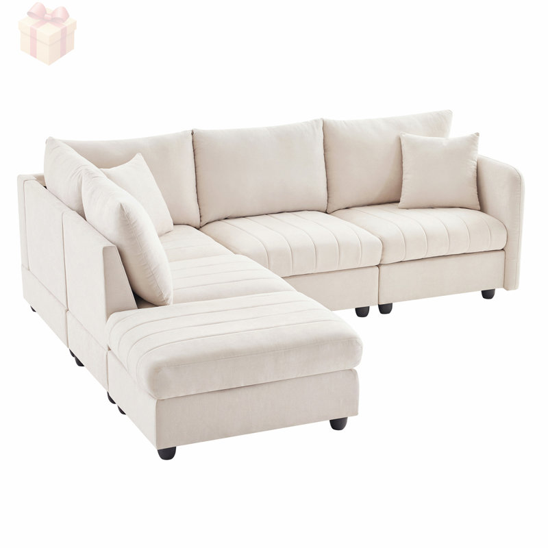 Canapé modulaire en L avec repose-pieds mobile et coussins rayés, parfait pour les salons modernes et spacieux, Beige