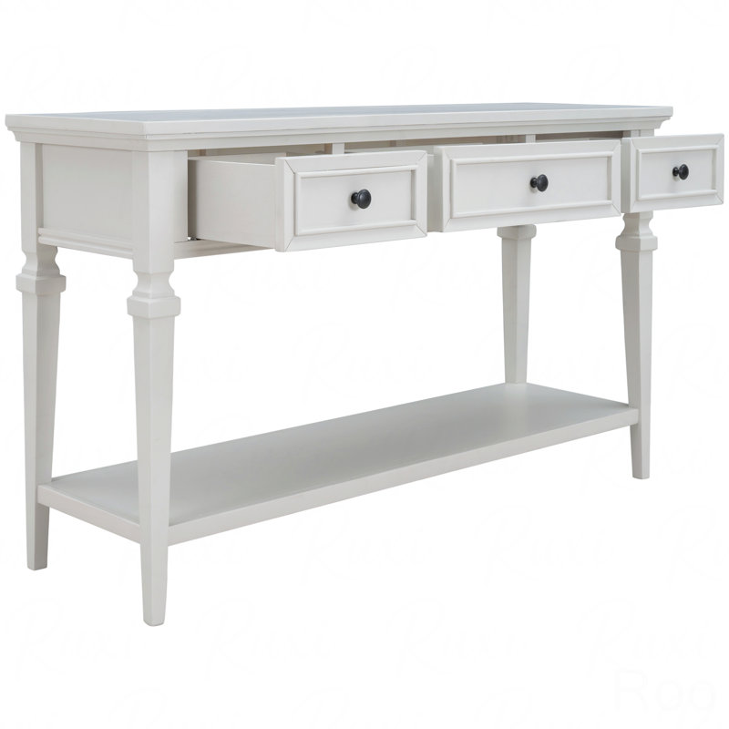 Console de style rétro classique avec trois tiroirs supérieurs et une tablette inférieure ouverte, Blanc