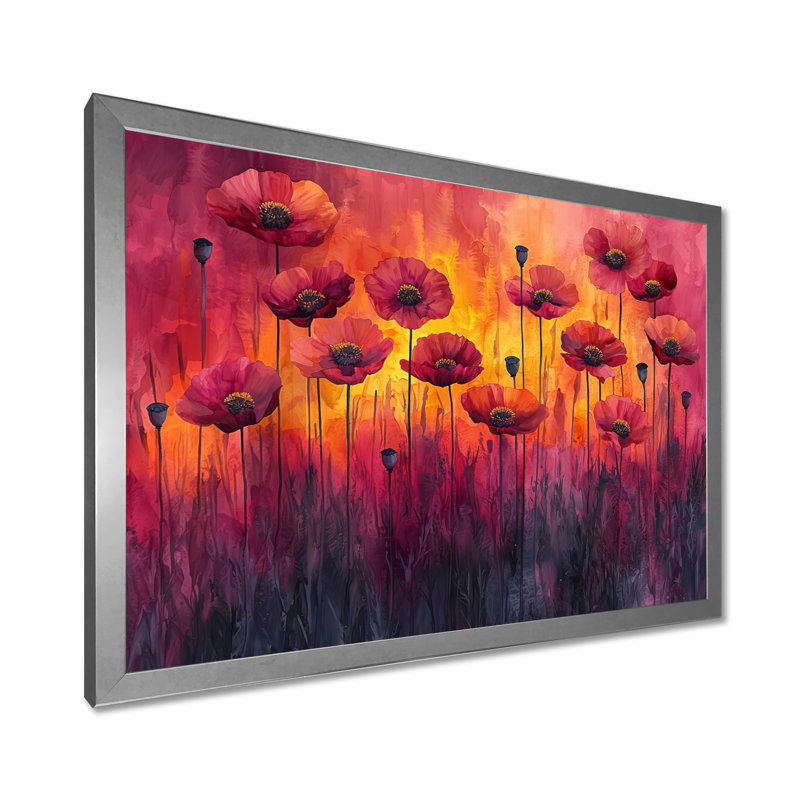 Danse d'automne des Fiery Poppies I - coquelicots, art mural, H 30 po x l 40 po, Cadre flottant doré
