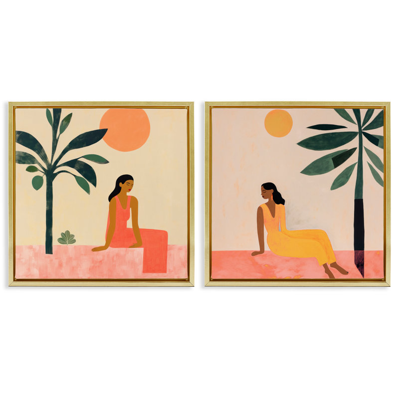 Figurine féminine se reposant à l'extérieur ensemble de 2 toiles flottantes encadrées par Lazar Studio, H 18 po x l 18 po