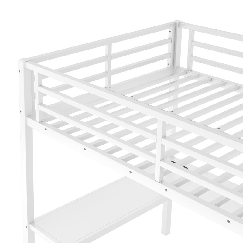 Full Metal Loft Bed With L-Shaped Desk, USB & LED, Full, White