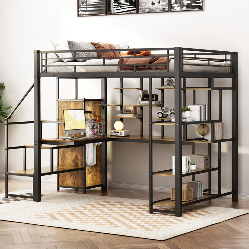 Système de rangement pour lit mezzanine double avec escalier, bureau et bibliothèque, Noir