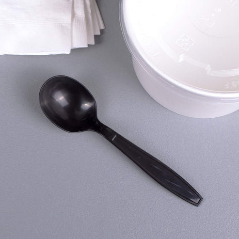 Cuillère à soupe jetable en plastique noir épais, emballée individuellement, idéale pour la restauration, les fêtes et le service alimentaire.