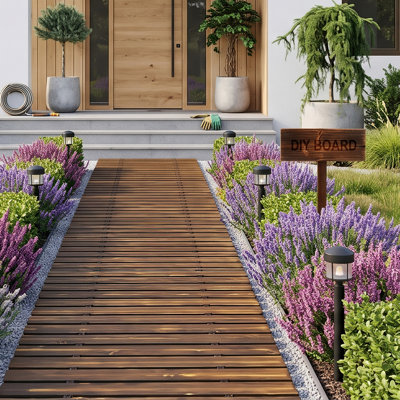 Sentier en bois 12 pi avec enseigne de piquet de jardin, allée extérieure de 22 pouces de large avec piquets antidérapants, tapis de patio sans installation pour la pelouse, cour arrière (brun foncé)