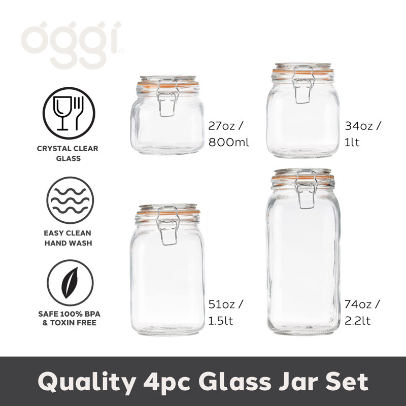 Clear Glass Airtight Canister Set with Clamp Lids, 4-Piece