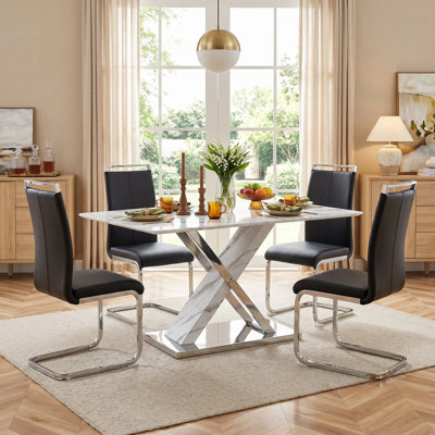 Ensemble de salle à manger 5 pièces rectangulaire moderne en faux marbre avec chaises en porte-à-faux