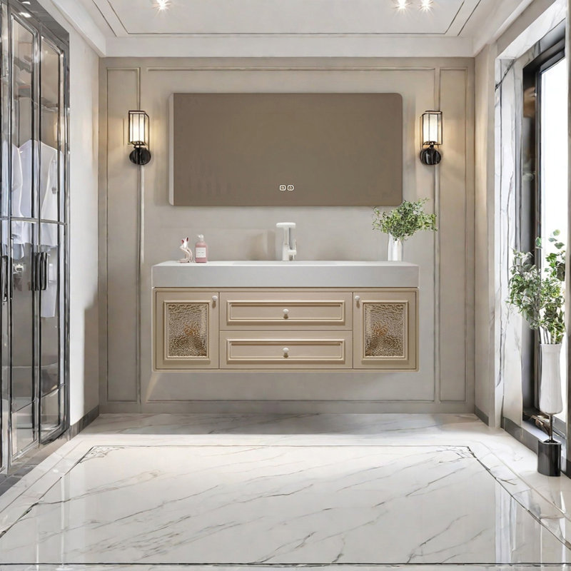 Armoire de salle de bain de style français crème, Marron clair, H 19,68 po x l 55,11 po x P 21,65 po