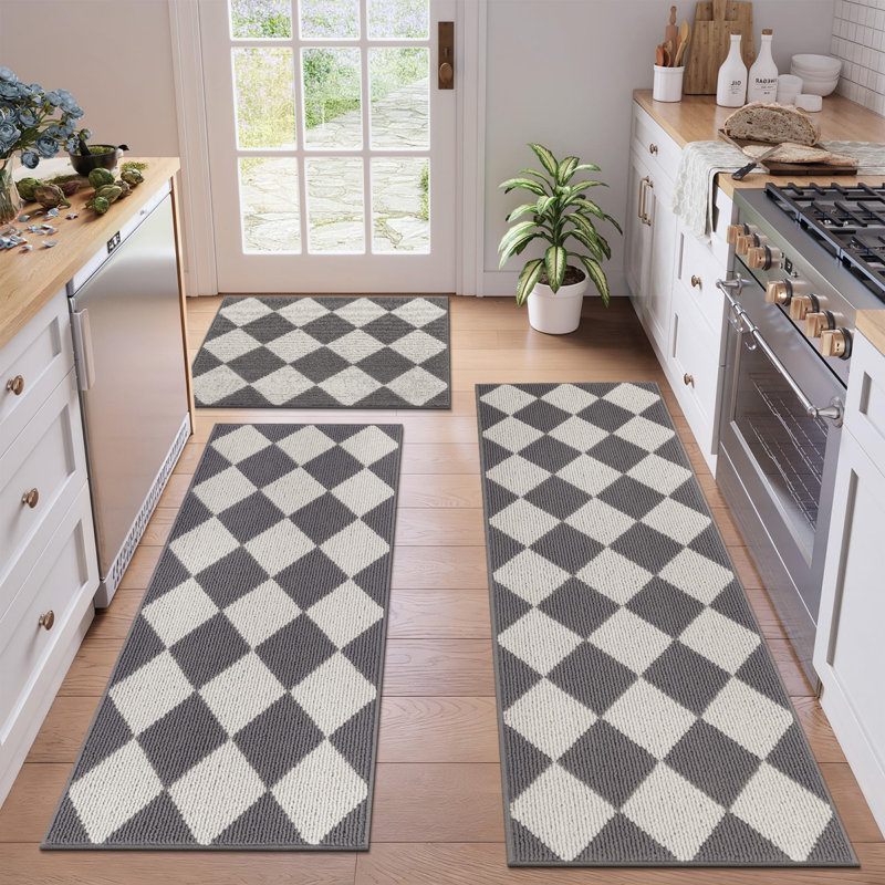 Machine Washable Non-Slip Kitchen Mat, White/Gray