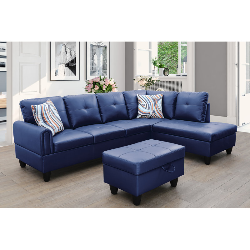 Addalyne Faux Leather L-Shaped Sectional, Navy Faux Leather, Right Hand Facing