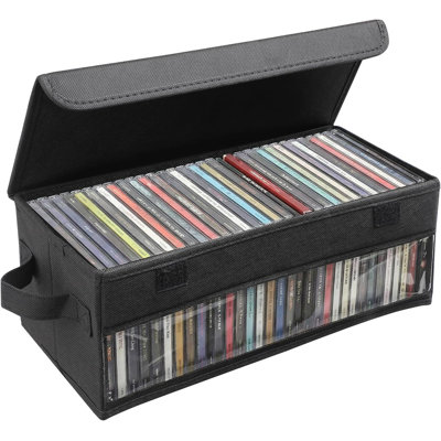 CD Storage Box, CD Case Holder with Handles Lid and Clear Window Stackable CD Organizer Box Holds Up to 32 CDs in full jewel cases(Black)