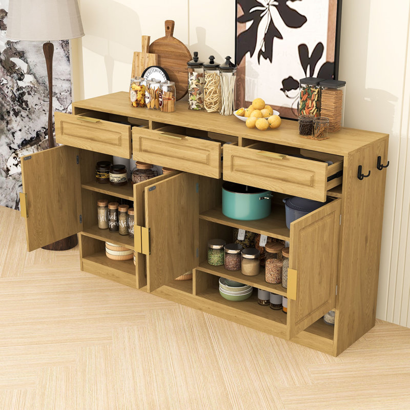 Farmhouse Sideboard Buffet with Adjustable Shelf, 3 Drawers, 4 Doors and Open Compartments, Natural