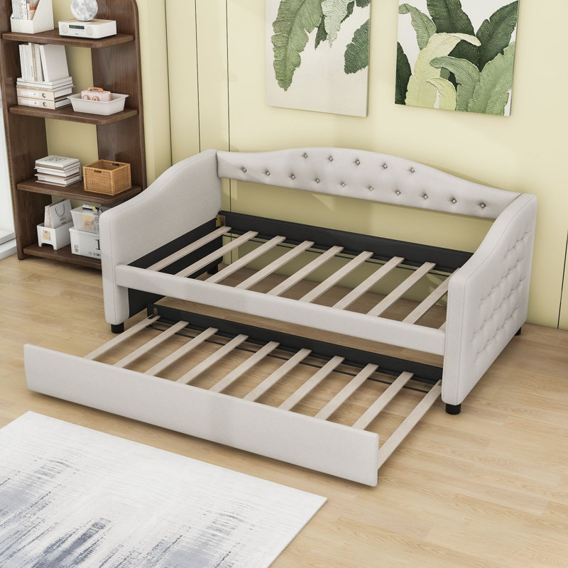 Lit de jour rembourré en lin avec couchette simple Peete, Beige