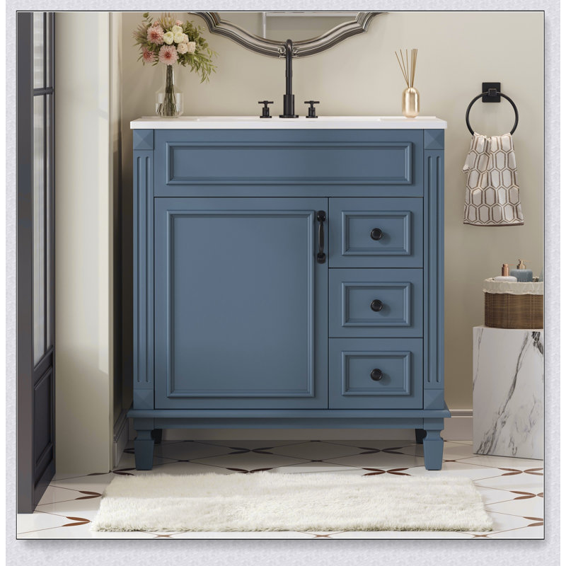 Charmant meuble-lavabo de 30 pouces d'inspiration française avec lavabo en céramique, 2 tiroirs et tablette réglable pour espaces compacts