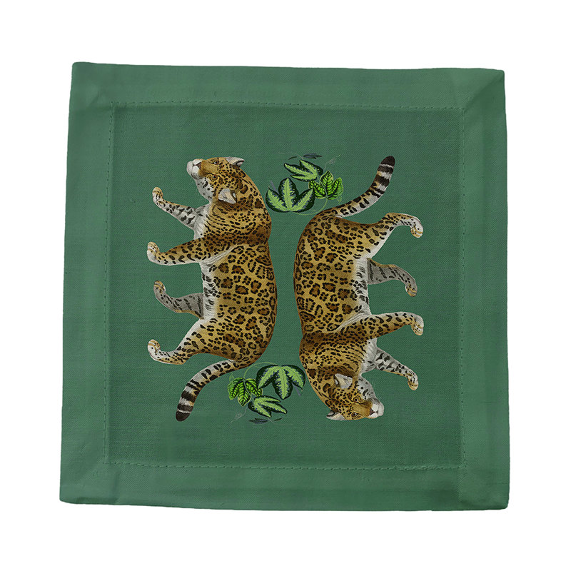Leopard Seeing Double Hemstitch Cocktail 6" Linen/Cotton Napkin, Evergreen