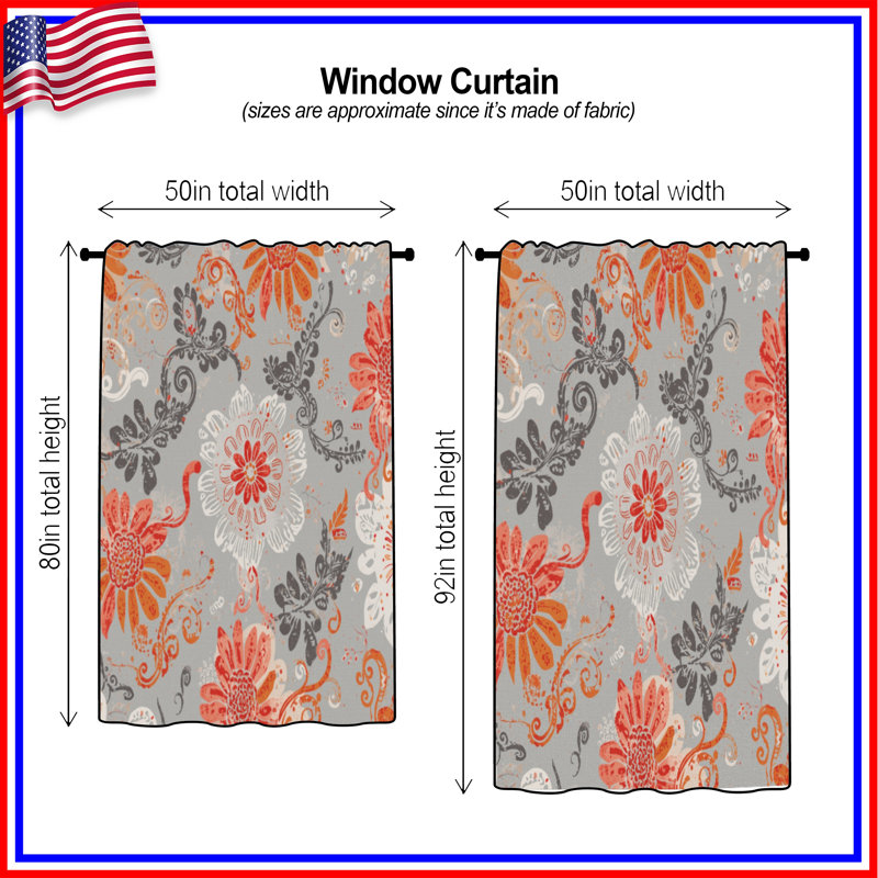 Gray Floral Pattern Window Curtains, Floral Sheer & Blockout Curtains - 1 Panel, 50" x 92" - 1 Panel, Sheer