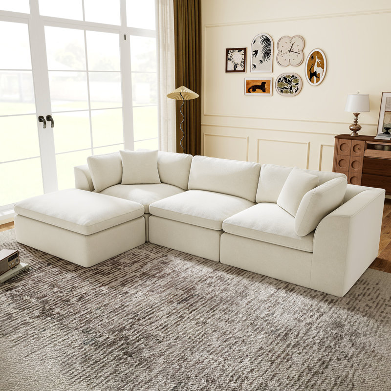 4-Seater Modular L-Shaped Sectional Sofa With Ottoman Cloud-Like Chenille Fabric Modern Boneless Design For Apartments