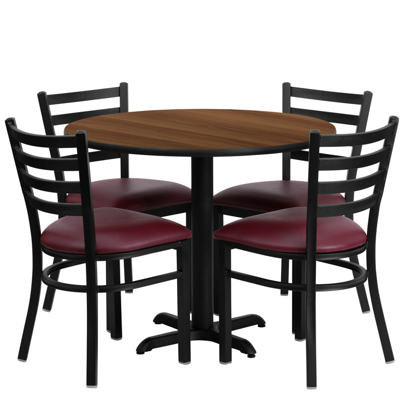 Jinnie 36'' Round Laminate Table Set with X-Base and 4 Ladder Back Metal Chairs, Walnut, Black Faux Leather