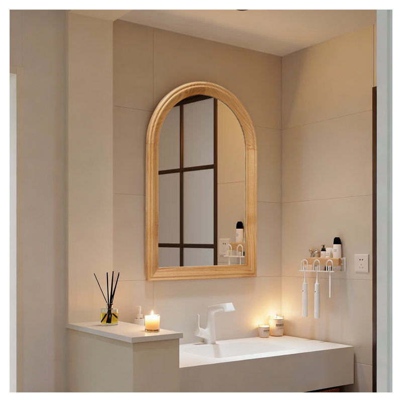 Miroir mural arqué avec cadre en bois avec finition chêne naturel - H 35,43 po x l 23,62 po
