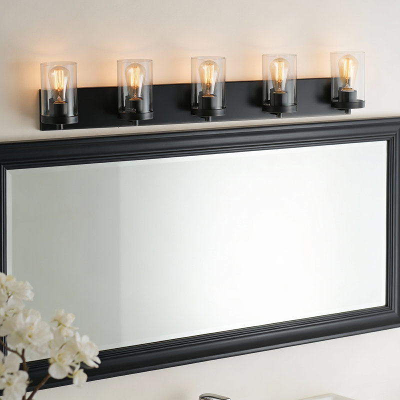 Luminaire de meuble-lavabo 3 lumières Cleofas avec abat-jour en verre transparent, Noir mat, 5 lumières