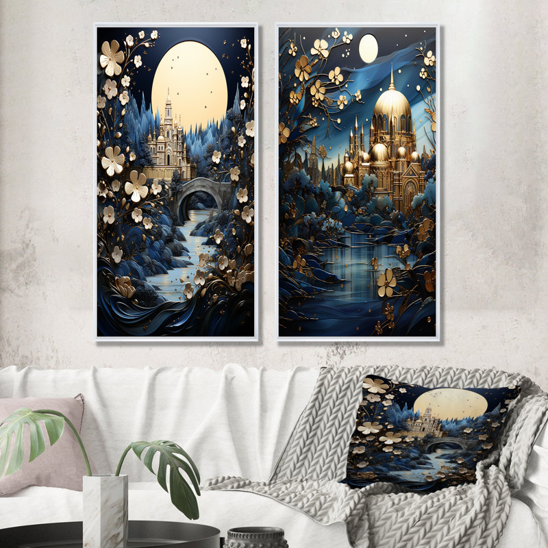 «Blue Glorious Byzantine Landscape I», ensemble d'art mural sur toile, Cadre blanc, H 28 po x l 25 po