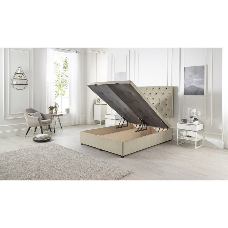Orchid Ottoman Divan Storage Bed Base with Upholstered Headboard Tweed Fabric, Natural, Kingsize (5')