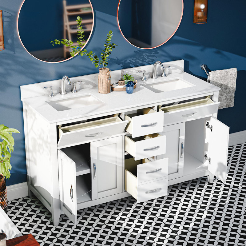 Vannes 60'' Bathroom Vanity with Solid Hardwood Frame, Quartz Countertop, Soft-Close Drawers, CUPC Sink, and Flip-Top Storage